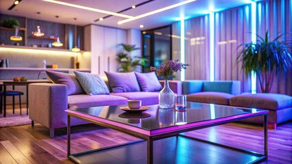 Close up of modern living room table with neon light background, wood table and chairs in blurred apartment interior