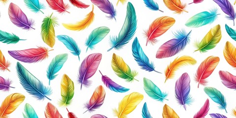 Colorful seamless pattern of falling feathers, feathers, colorful, seamless, pattern, background, texture, design, abstract