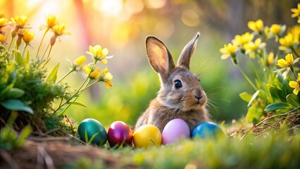 Easter bunny hiding colorful eggs in a spring garden , spring, holiday, celebration, tradition, cute, rabbit, basket, hunt