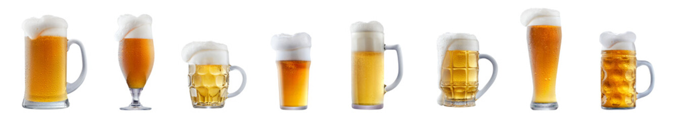 Set of beer cocktails with foam isolated on white background