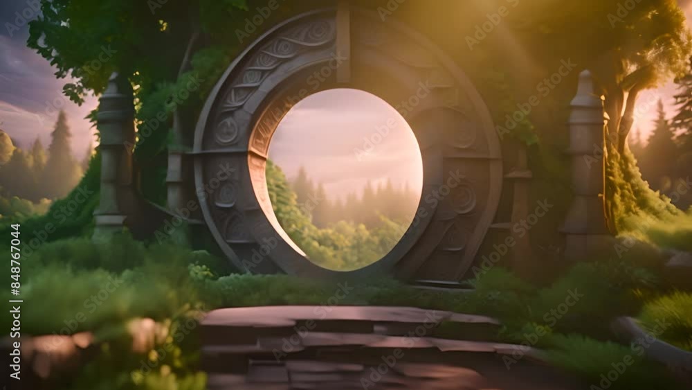 Poster circular stone gateway in forest at sunset generative ai