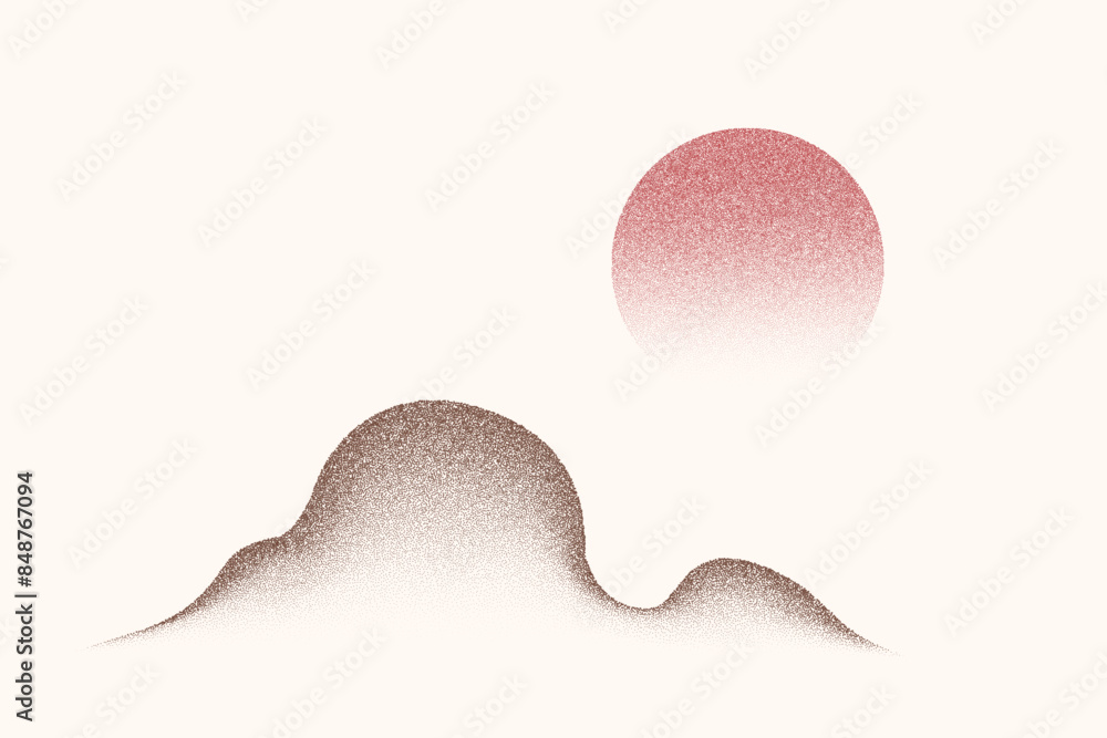 Aufkleber dotted grainy gradient mountains and sun. stipple vector effect with dust texture. solar eclipse in 