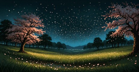 sakura blossom trees blooming in dark night park meadow tree orchard. scattered petals blowing in wind. nature landscape tree and mountain template background.