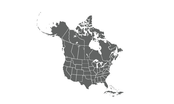 North america map with usa and canada isolated on white background. for website layouts, background, education, precise, customizable, Travel worldwide, map silhouette backdrop, earth geography.