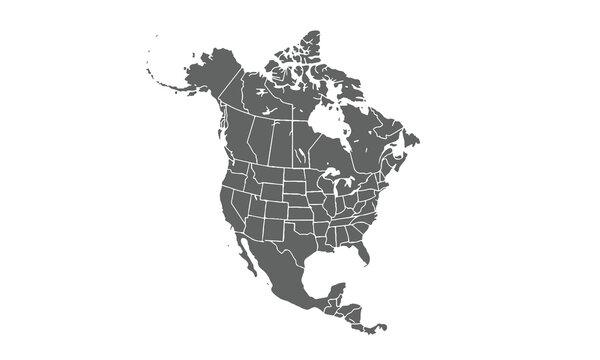 Map north and central america isolated on white background. for website layouts, background, education, precise, customizable, Travel worldwide, map silhouette backdrop, earth geography, political.