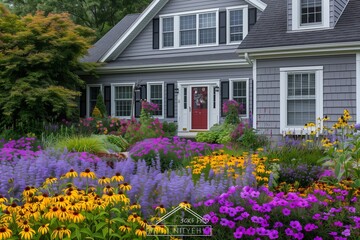 A classic suburban house with a gray exterior, white trim, black shutters, and a bright red front door, surrounded by a garden full of purple, yellow, and pink flowers.
