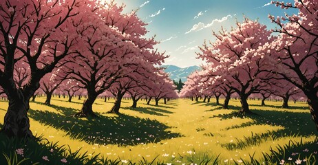 sakura blossom trees blooming in sunny park meadow tree orchard. nature landscape tree and mountain template background.