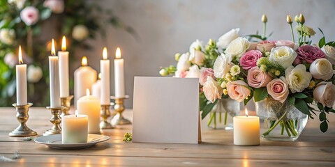 Elegant invitation on empty table mockup with candles and flowers, elegant, invitation, table, mockup, candles, flowers