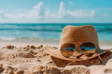 Sunlit beach setting with a straw hat and sunglasses placed on the sand, capturing the essence of a relaxing tropical summer vacation