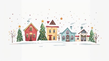 This colorful illustration depicts a snowy landscape with stylized trees and gently falling snow, invoking a sense of festive winter cheer