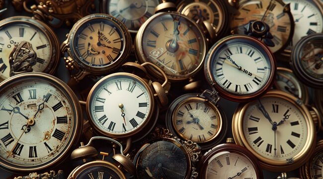 A diverse array of old-fashioned clocks showcasing different styles and times