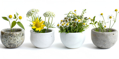 white mortar and pestles with daisies,white vase with a flower planted in it, surrounded by more flowers that have fallen from the vase