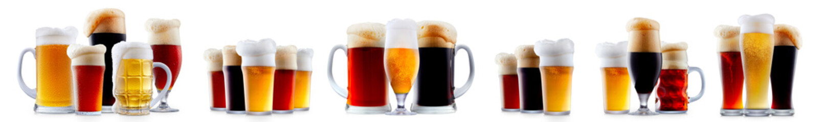 Set of beer cocktails with foam isolated on white background