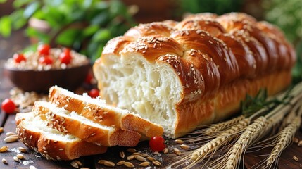 Fototapeta premium A loaf of bread sits atop a table alongside an oatmeal bowl and a parsley sprig