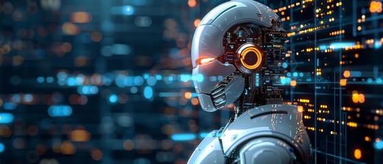 Futuristic robot with advanced AI technology against a digital background, representing future innovation and artificial intelligence.