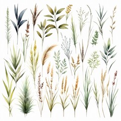 Natural background of several types of grass in watercolor style