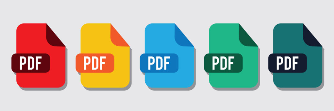 PDF file format icons set. PDF file download symbols. Format for texts, images, vector images. Format and extension of documents. Colourful pdf file icon.