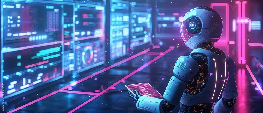 Poster a futuristic robot holding a tablet, analyzing data on multiple glowing screens in a high-tech, neon