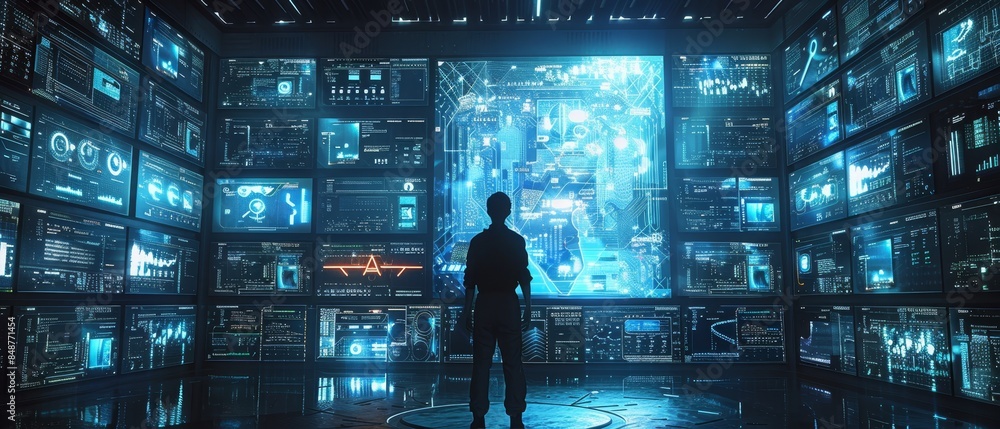 Poster a person stands in front of a massive digital screen, surrounded by futuristic technology in a high-