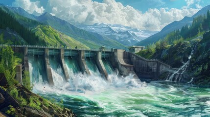 Fototapeta premium Stunning view of a powerful dam amidst lush mountains, with cascading water and a vibrant sky, capturing nature's beauty and energy.