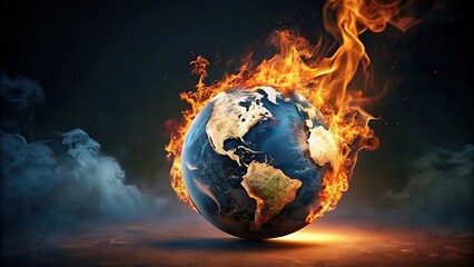 Burning globe on fire in dark background, global warming, destruction, climate change, environment, disaster, hot, flames, heat