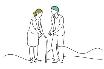 A caregiver explaining the facility to the elderly, doodle continuous line art vector illustration