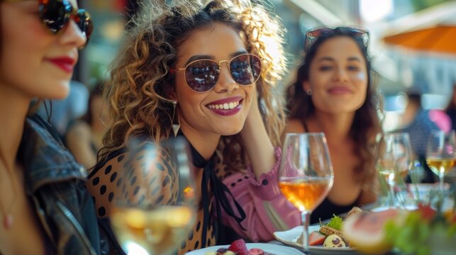 A diverse group of women attend a stylish brunch outing. An outdoor cafe hosts a group of diverse female friends enjoying a fashionable brunch outing with wine.