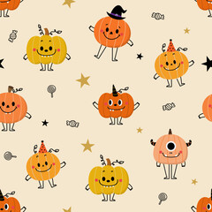 Happy halloween seamless pattern and background with cute monster pumpkin and ghost. Holidays cartoon character. -Vector