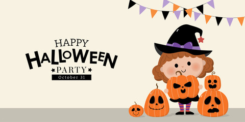 Happy halloween greeting card with cute witch, spooky pumpkin and ghost. Holidays cartoon character vector