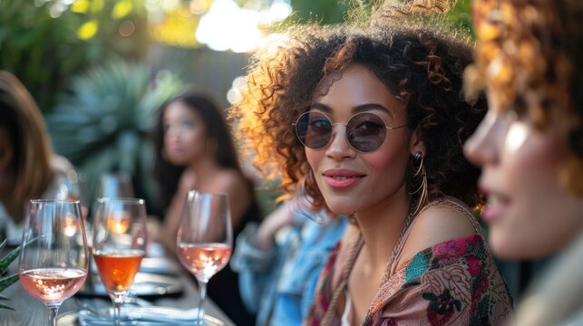 A diverse group of women attend a stylish brunch outing. An outdoor cafe hosts a group of diverse female friends enjoying a fashionable brunch outing with wine.