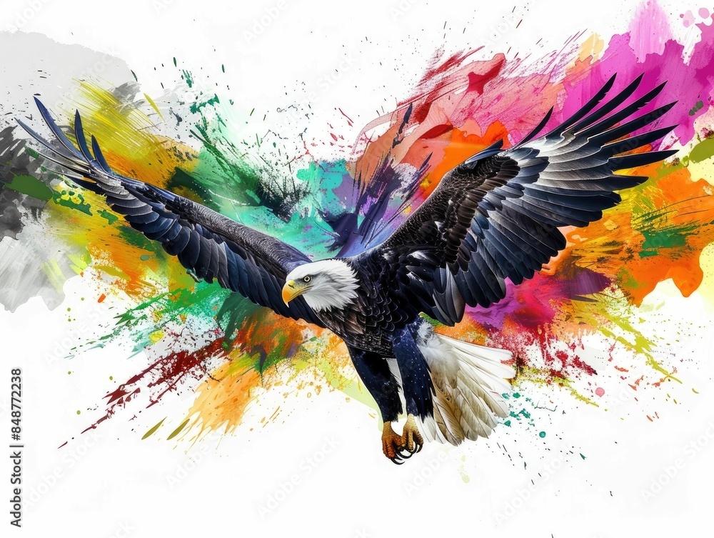 Poster powerful and dynamic image of a majestic eagle with wings spread against an explosion of vibrant col