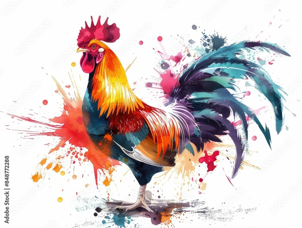 Poster vibrant rooster of a bird with colorful splatter effect featuring the feathers comb and tail against