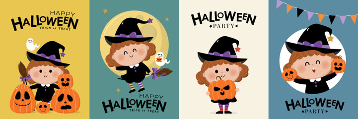 Happy halloween greeting card with cute witch, spooky pumpkin and ghost. Holidays cartoon character vector