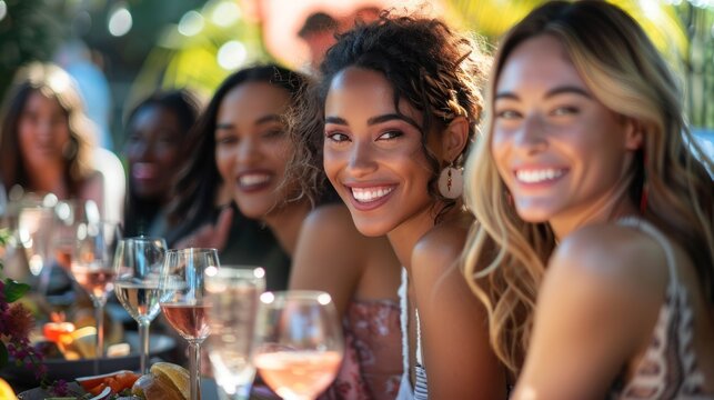 A diverse group of women attend a stylish brunch outing. An outdoor cafe hosts a group of diverse female friends enjoying a fashionable brunch outing with wine.
