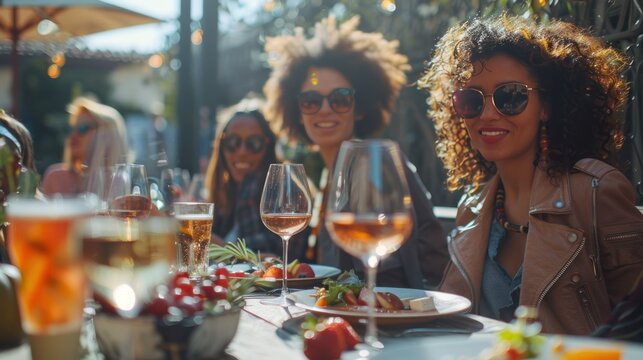 A diverse group of women attend a stylish brunch outing. An outdoor cafe hosts a group of diverse female friends enjoying a fashionable brunch outing with wine.