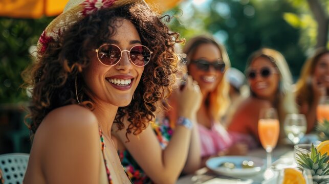 A diverse group of women attend a stylish brunch outing. An outdoor cafe hosts a group of diverse female friends enjoying a fashionable brunch outing with wine.