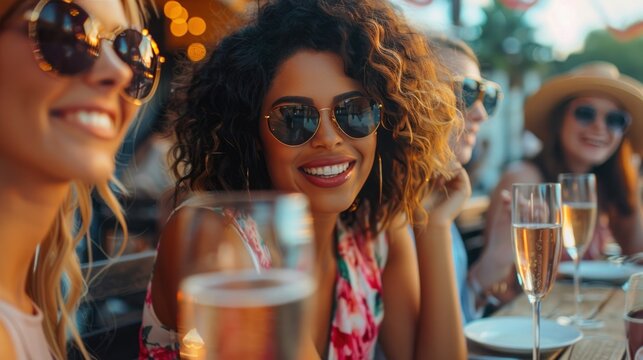 A diverse group of women attend a stylish brunch outing. An outdoor cafe hosts a group of diverse female friends enjoying a fashionable brunch outing with wine.