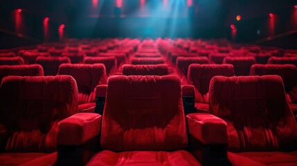 Fototapeta premium An empty movie theater with red seats, perfect for film, entertainment, or presentations.