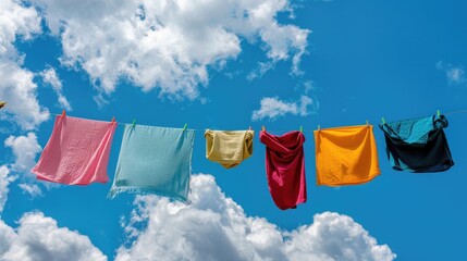 Clothing hung on a clothesline outdoors to dry under the blue sky