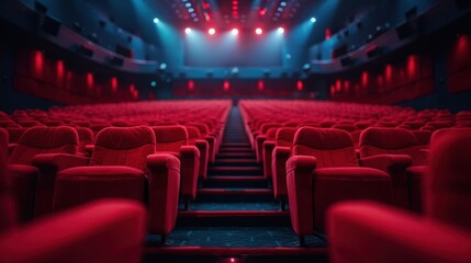 An empty movie theater with red seats, perfect for film, entertainment, or presentations.