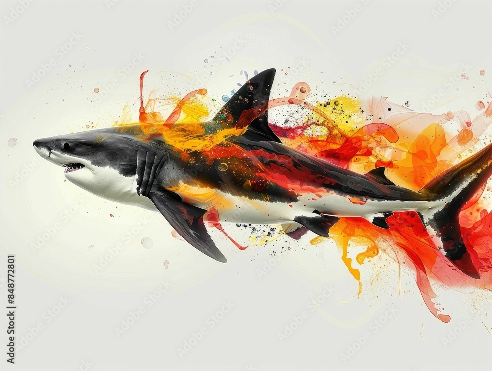 Poster a powerful and dynamic image depicting a fierce black and white shark with a vibrant color explosion