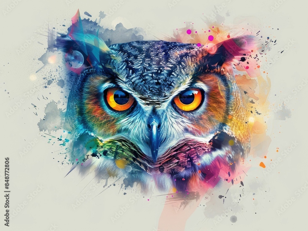 Poster striking of an owl with captivating colorful plumage and vibrant rainbow splashes creating a surreal
