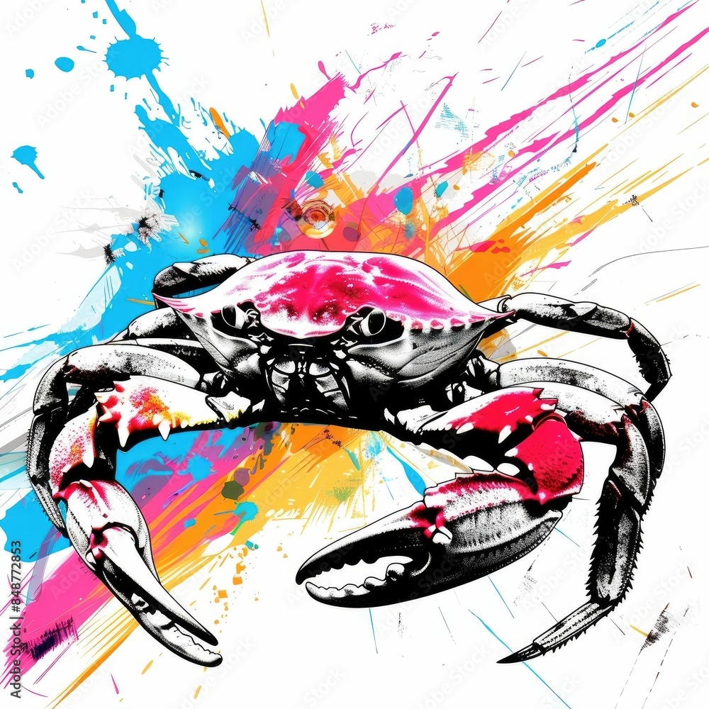 Poster striking monochrome crab image with vibrant bursts of colorful dynamic paint splatters and abstract 