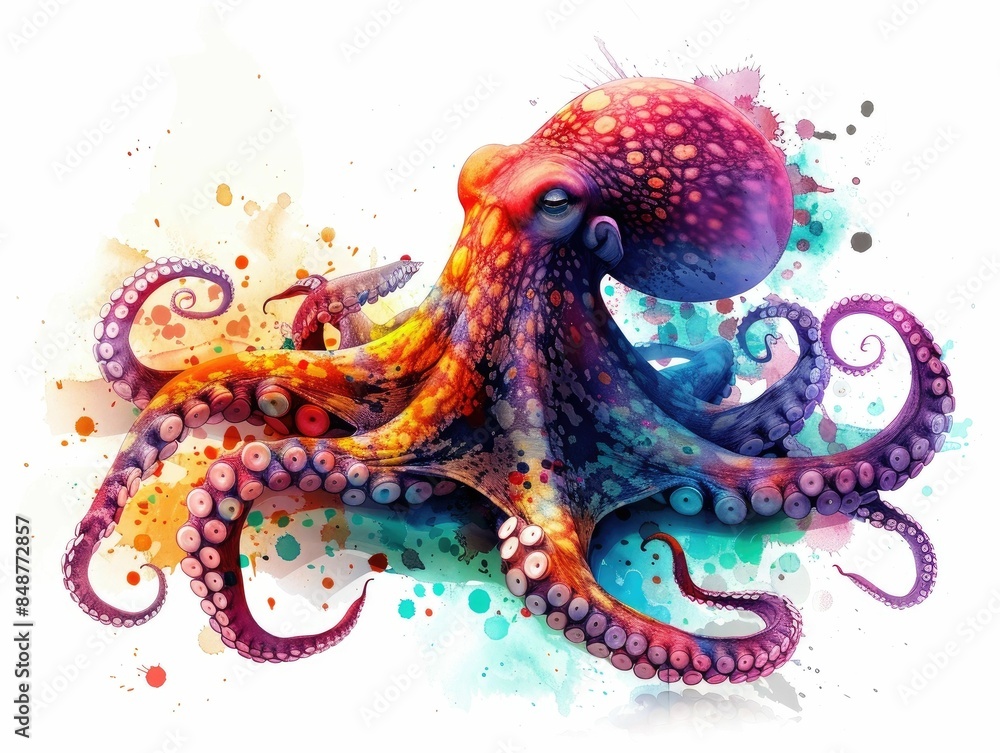 Poster captivating digital artwork depicting a monochrome octopus with its vibrant tentacles bursting forth