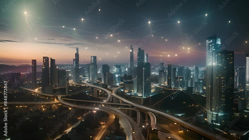 Poster nighttime cityscape with interconnected highways generative ai
