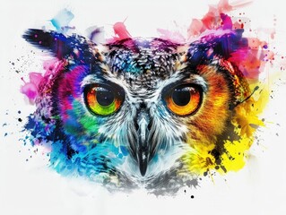 Stunning and Surreal Digital Art Abstract Featuring a Grayscale Owl with a Vibrant Burst of Rainbow Colored Eyes on a White Background