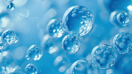   A cluster of air pockets hovering over a vibrant azure fluid containing water droplets against a backdrop of sky blue and white