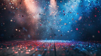 Fototapeta premium Event Stage Concept. Stage Platform with American Flag Colors and Stars - Event Background. Blue Stage with Stars and Confetti