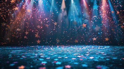 Event Stage Concept. Stage Platform with American Flag Colors and Stars - Event Background. Blue Stage with Stars and Confetti