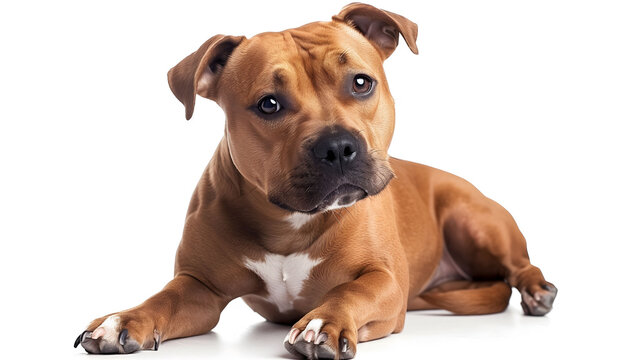 Staffordshire Bull Terrier dog isolated on white background, highlighting its muscular build and alert expression - Powered by Adobe